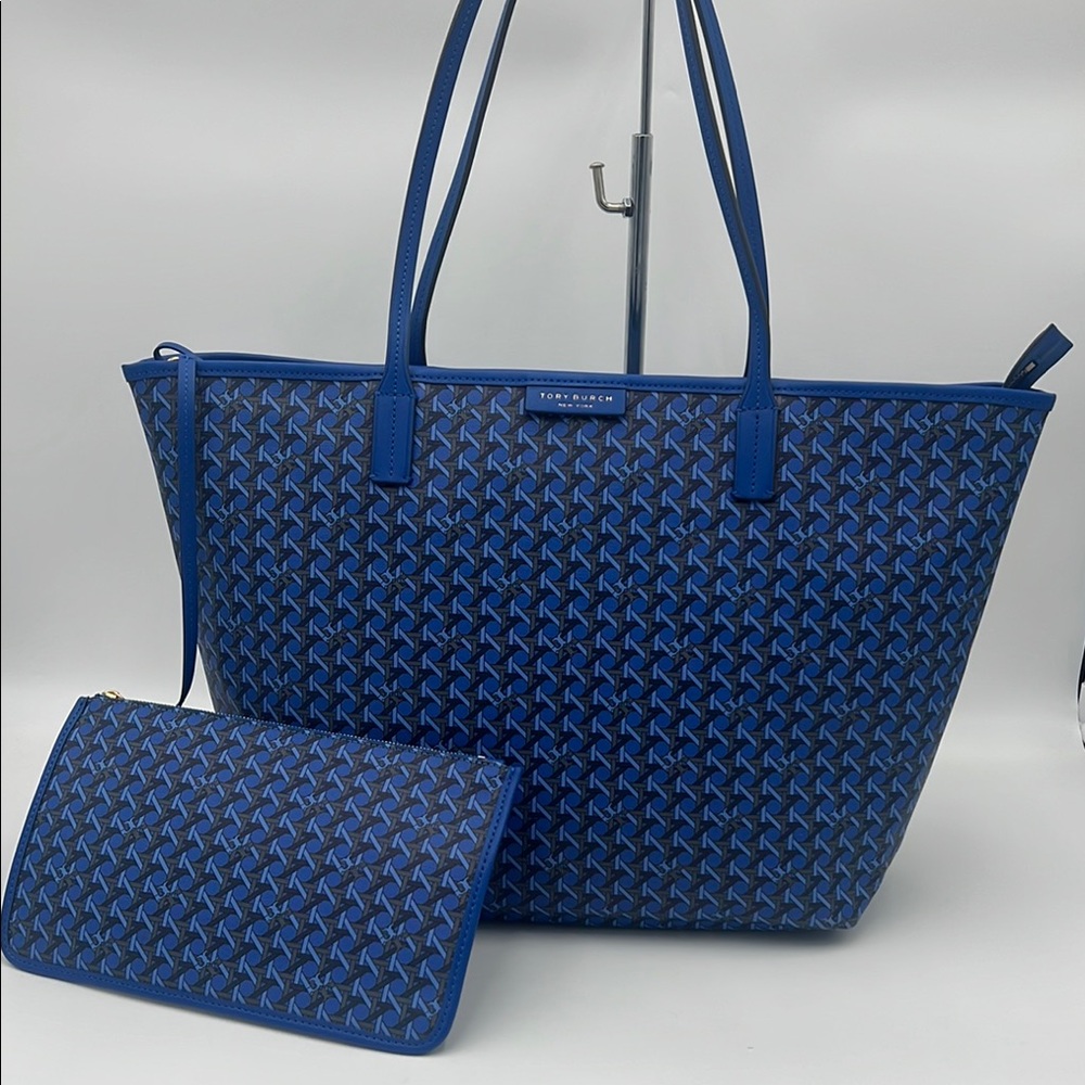 Tory Burch Blue Woven Tote with Matching Clutch